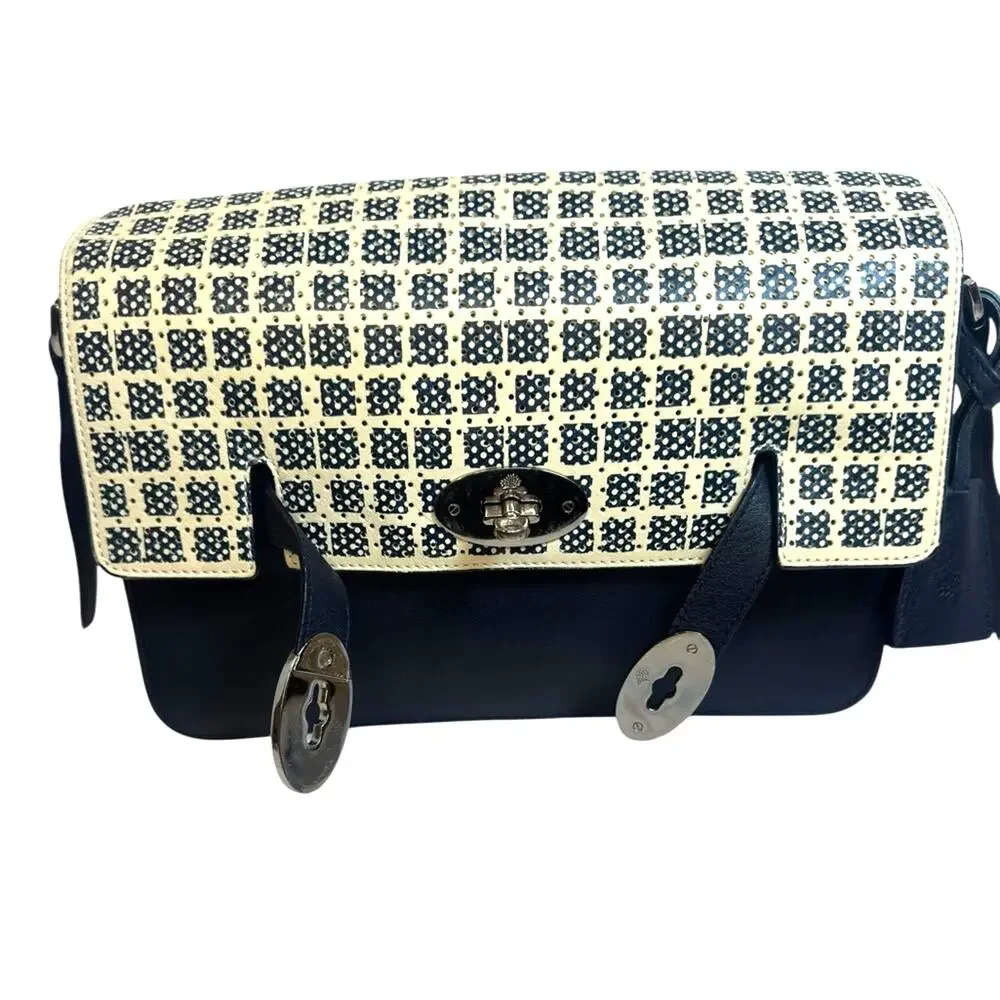 Mulberry Bayswaters Navy & Cream Leather Shoulder– Silver Hardware – COA